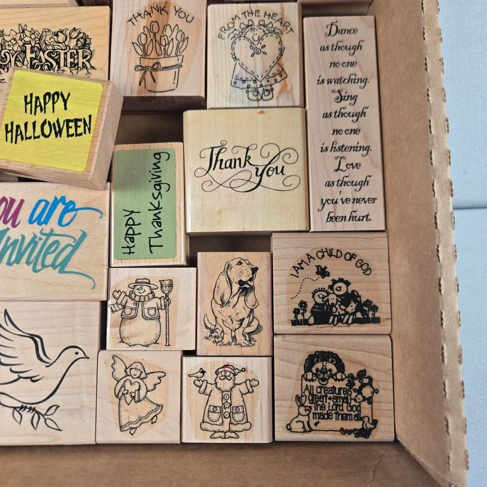 Vintage Wood Mounted Rubber Stamps Lot 40+ Baby Wedding Holiday Sentiments